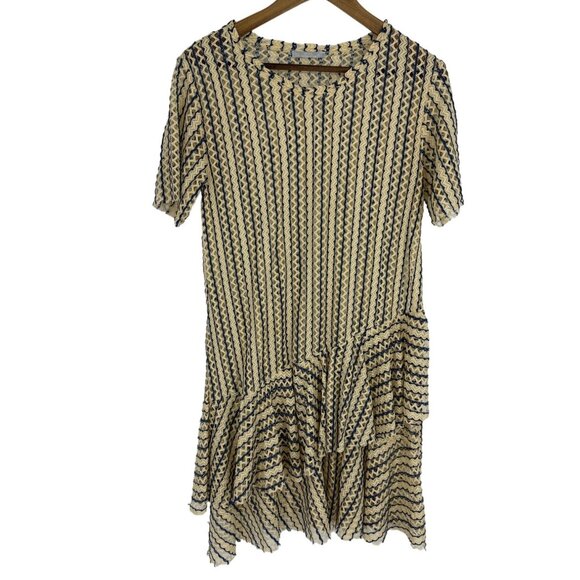 ZARA Mesh Sheer Open Knit Unlined Ruffle Short Sleeve Cream Blue Dress Size S - Picture 1 of 9